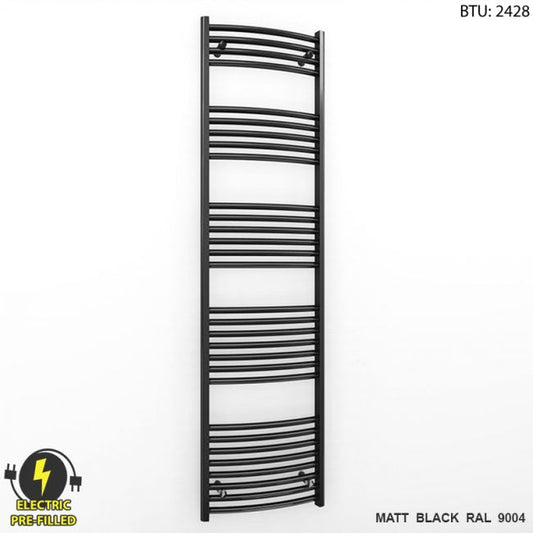 400mm x 1700mm Curved Matt Black Electric Pre-Filled Heated Towel Rail Radiator