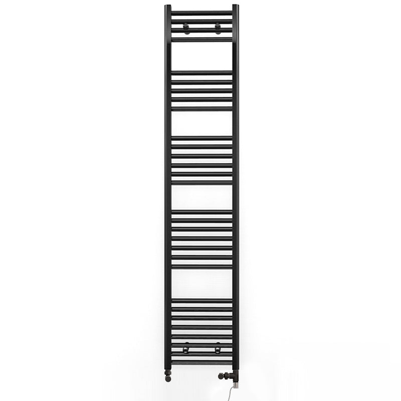 Dual Fuel 300mm x 1700mm Straight Matt Matt Black Heated Towel Rail - (incl. Valves + Electric Heating Kit)