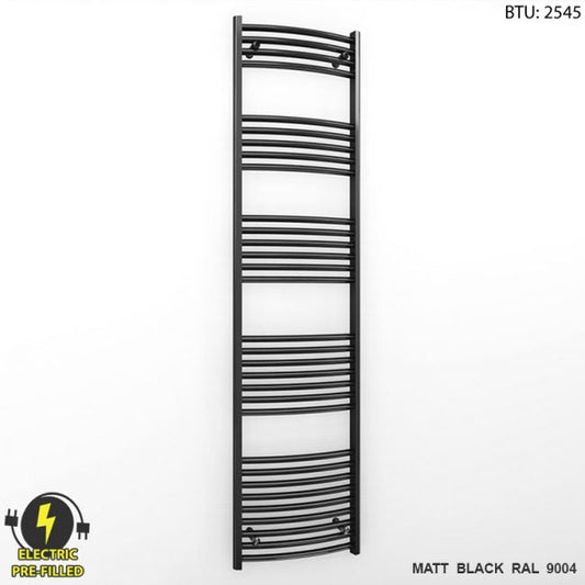 400mm x 1800mm Curved Matt Black Electric Pre-Filled Heated Towel Rail Radiator
