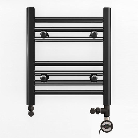 Small Dual Fuel 300mm x 400mm Straight Matt Matt Black Heated Towel Rail - (incl. Valves + Electric Heating Kit)