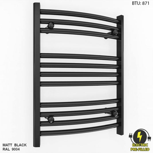 Small 400mm x 600mm Curved Matt Black Electric Pre-Filled Heated Towel Rail Radiator