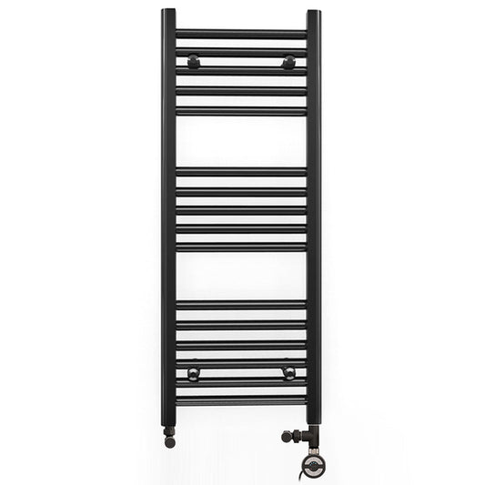 Small Dual Fuel 450mm x 900mm Straight Matt Matt Black Heated Towel Rail - (incl. Valves + Electric Heating Kit)