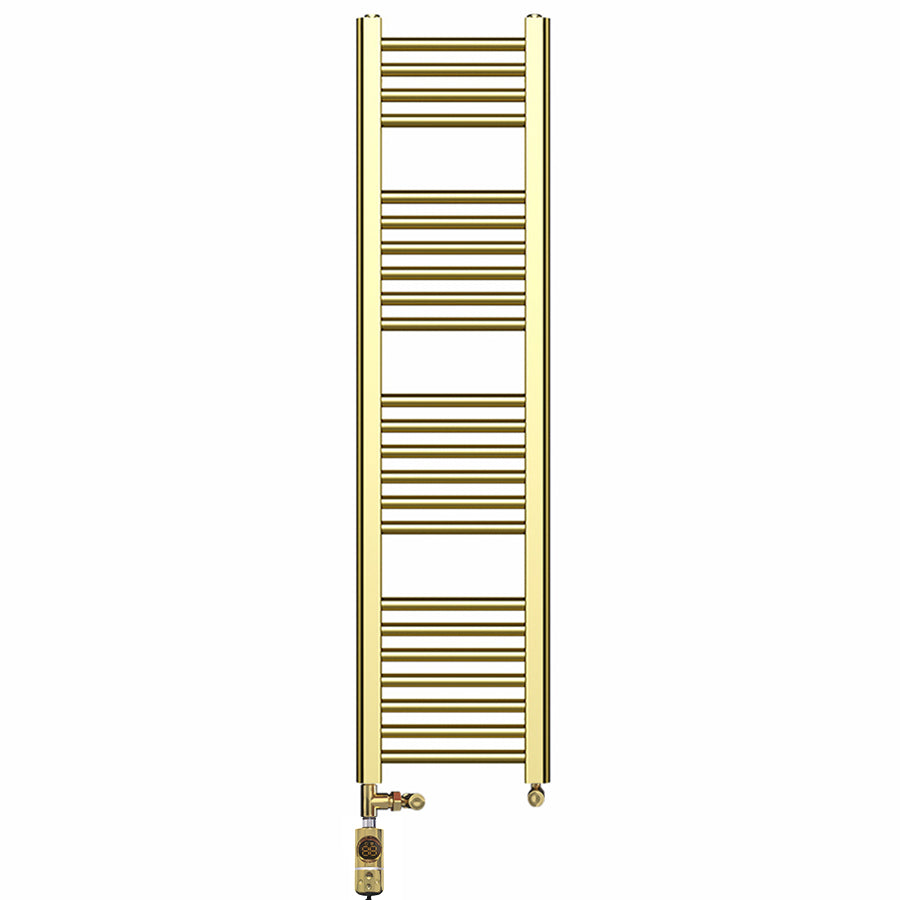 Dual Fuel 400mm x 1200mm Shiny Gold Heated Towel Rail Radiator- (incl. Valves + Electric Heating Kit)