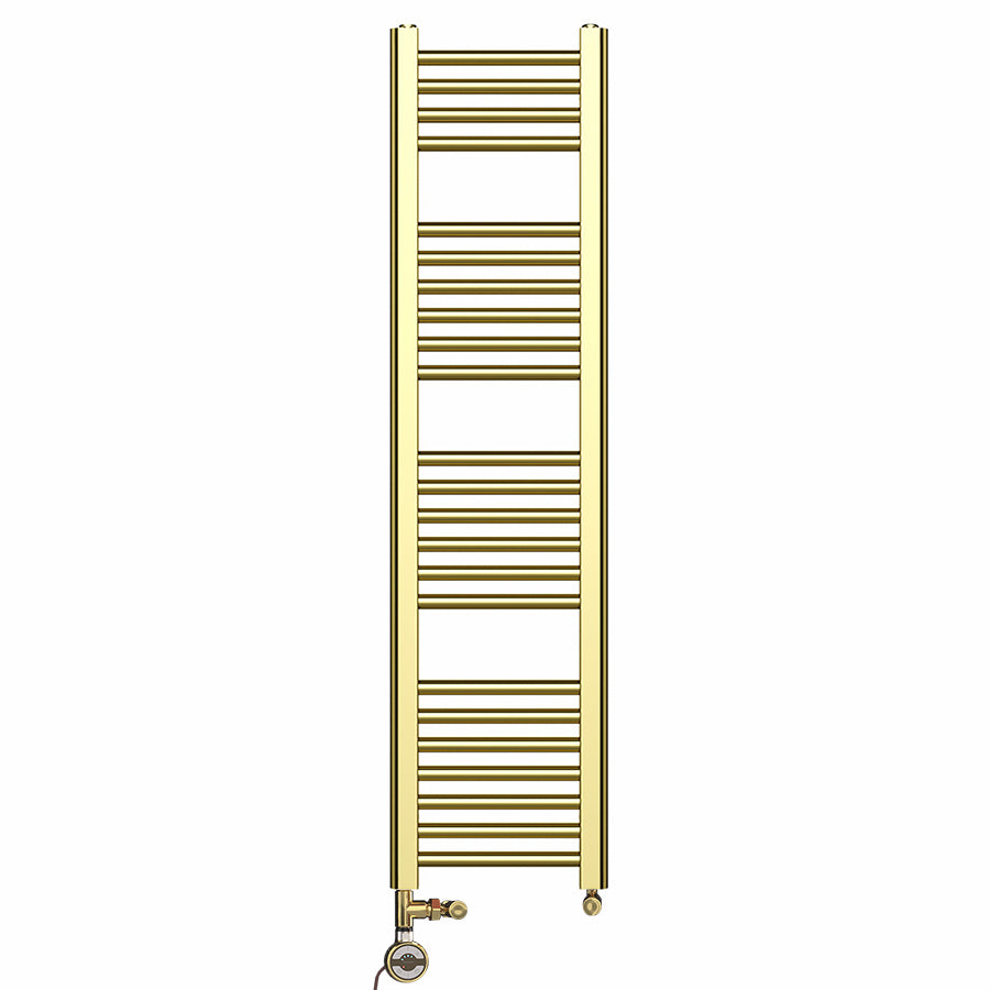 Dual Fuel 400mm x 1200mm Shiny Gold Heated Towel Rail Radiator- (incl. Valves + Electric Heating Kit)