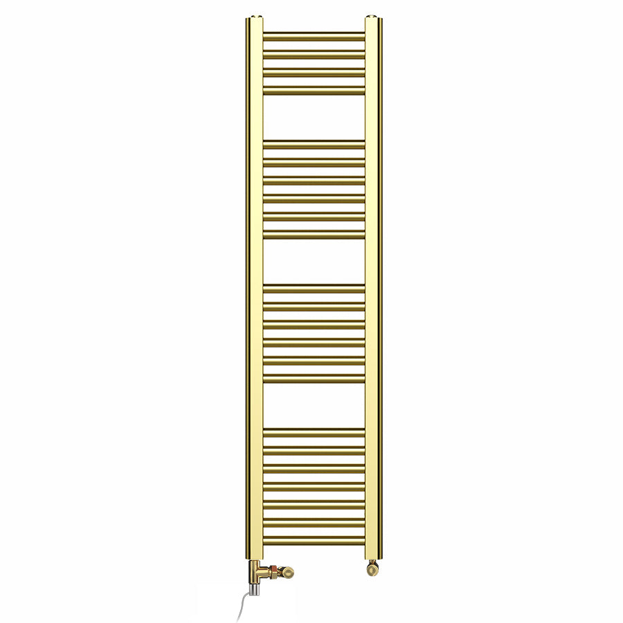 Dual Fuel 400mm x 1200mm Shiny Gold Heated Towel Rail Radiator- (incl. Valves + Electric Heating Kit)