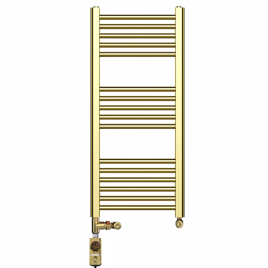 Small Dual Fuel 400mm x 900mm Shiny Gold Heated Towel Rail Radiator- (incl. Valves + Electric Heating Kit)