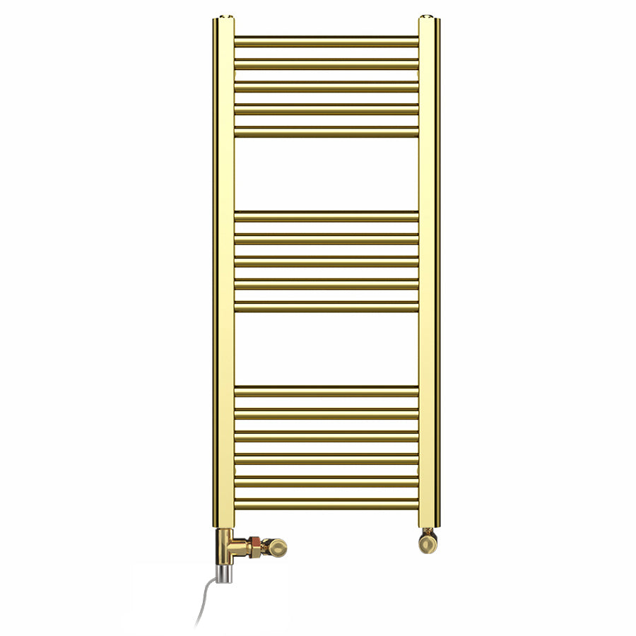 Small Dual Fuel 400mm x 900mm Shiny Gold Heated Towel Rail Radiator- (incl. Valves + Electric Heating Kit)
