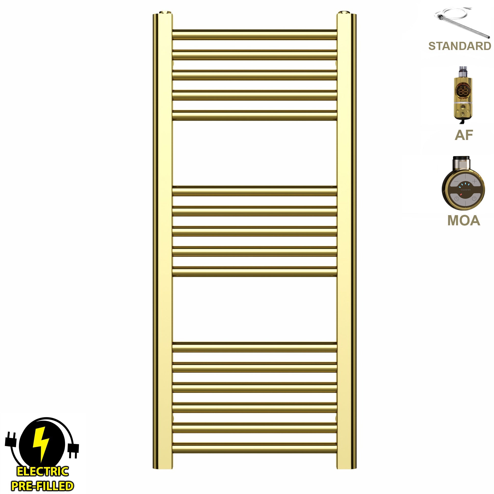 Small 400mm x 900mm Shiny Gold Electric Pre-Filled Heated Towel Rail Radiator