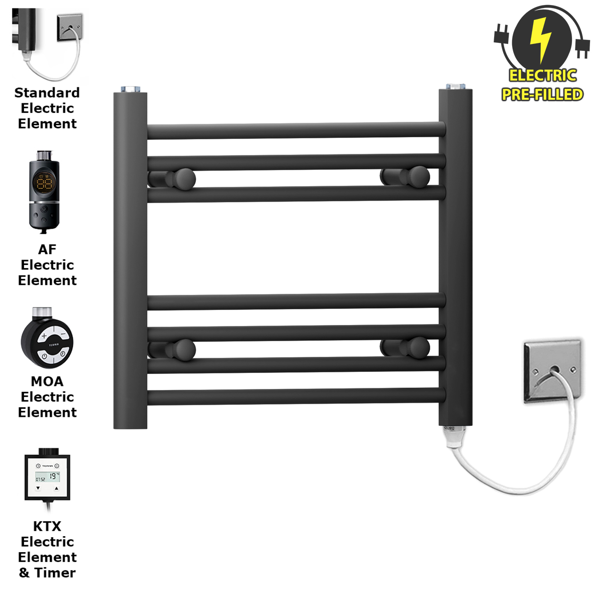 45 40 Matt Black Towel Rail Radiator Heated Warmer Wide High Electric Pre Filled Element All Elements