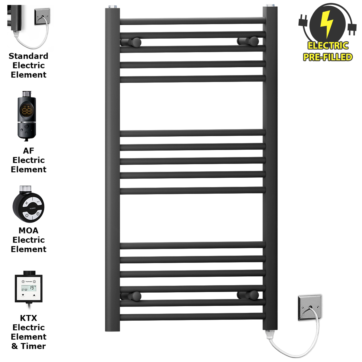 45 90 Matt Black Towel Rail Radiator Heated Warmer Wide High Electric Pre Filled Element All Elements