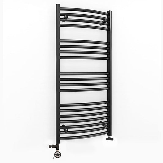 Dual Fuel 450mm x 1000mm Matt Matt Black Curved Heated Towel Rail - (incl. Valves + Electric Heating Kit)