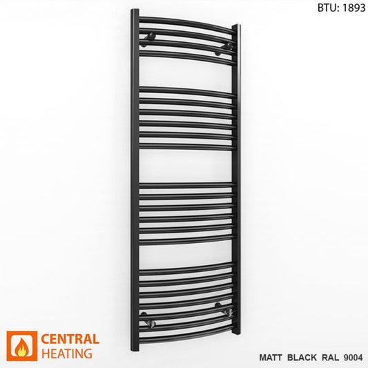 450mm x 1200mm Curved  Matt Black Heated Towel Rail Radiator
