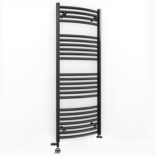 Dual Fuel 450mm x 1200mm Matt Matt Black Curved Heated Towel Rail - (incl. Valves + Electric Heating Kit)