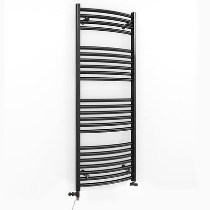 Dual Fuel 450mm x 1200mm Matt Matt Black Curved Heated Towel Rail - (incl. Valves + Electric Heating Kit)