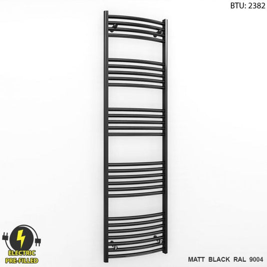 450mm x 1600mm Curved Matt Black Electric Pre-Filled Heated Towel Rail Radiator