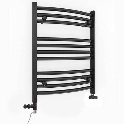  Small Dual Fuel 400mm x 600mm Matt Matt Black Curved Heated Towel Rail - (incl. Valves + Electric Heating Kit) 