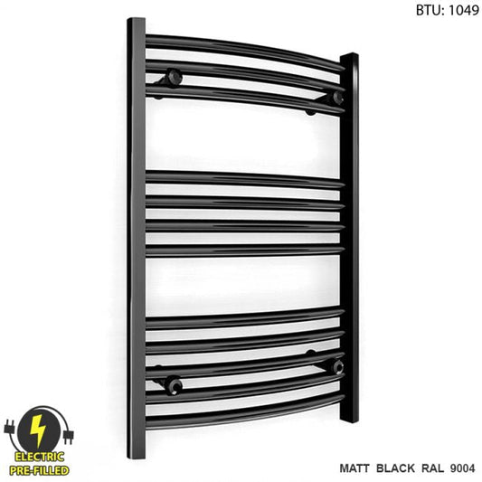 Small 450mm x 700mm Curved Matt Black Electric Pre-Filled Heated Towel Rail Radiator