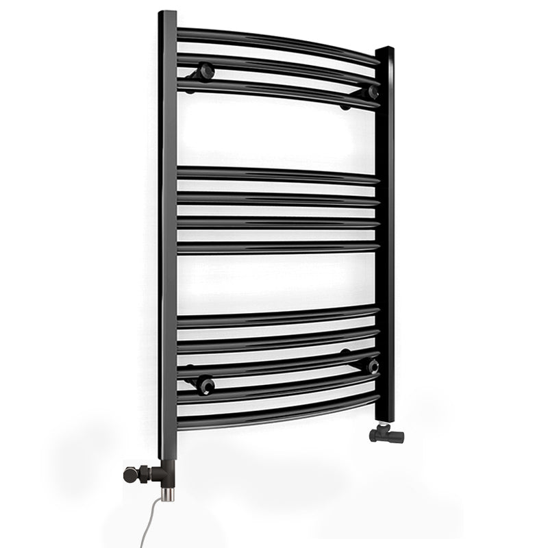 Small Dual Fuel 400mm x 700mm Matt Matt Black Curved Heated Towel Rail - (incl. Valves + Electric Heating Kit)