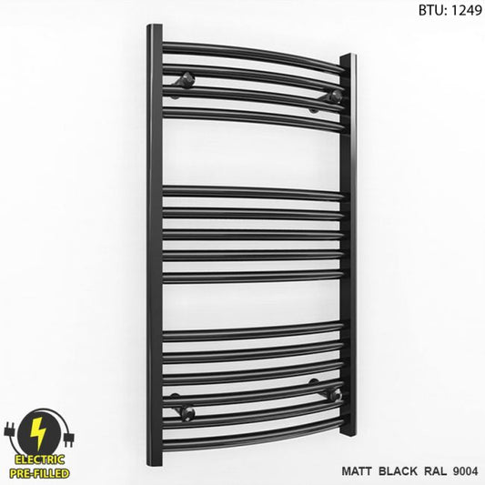 Small 450mm x 800mm Curved Matt Black Electric Pre-Filled Heated Towel Rail Radiator