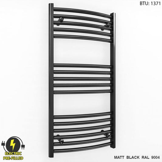 Small 450mm x 900mm Curved Matt Black Electric Pre-Filled Heated Towel Rail Radiator