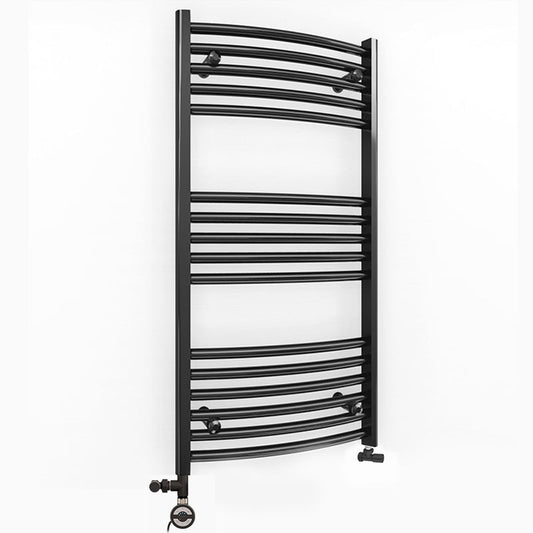 Small Dual Fuel 450mm x 900mm Matt Matt Black Curved Heated Towel Rail - (incl. Valves + Electric Heating Kit)