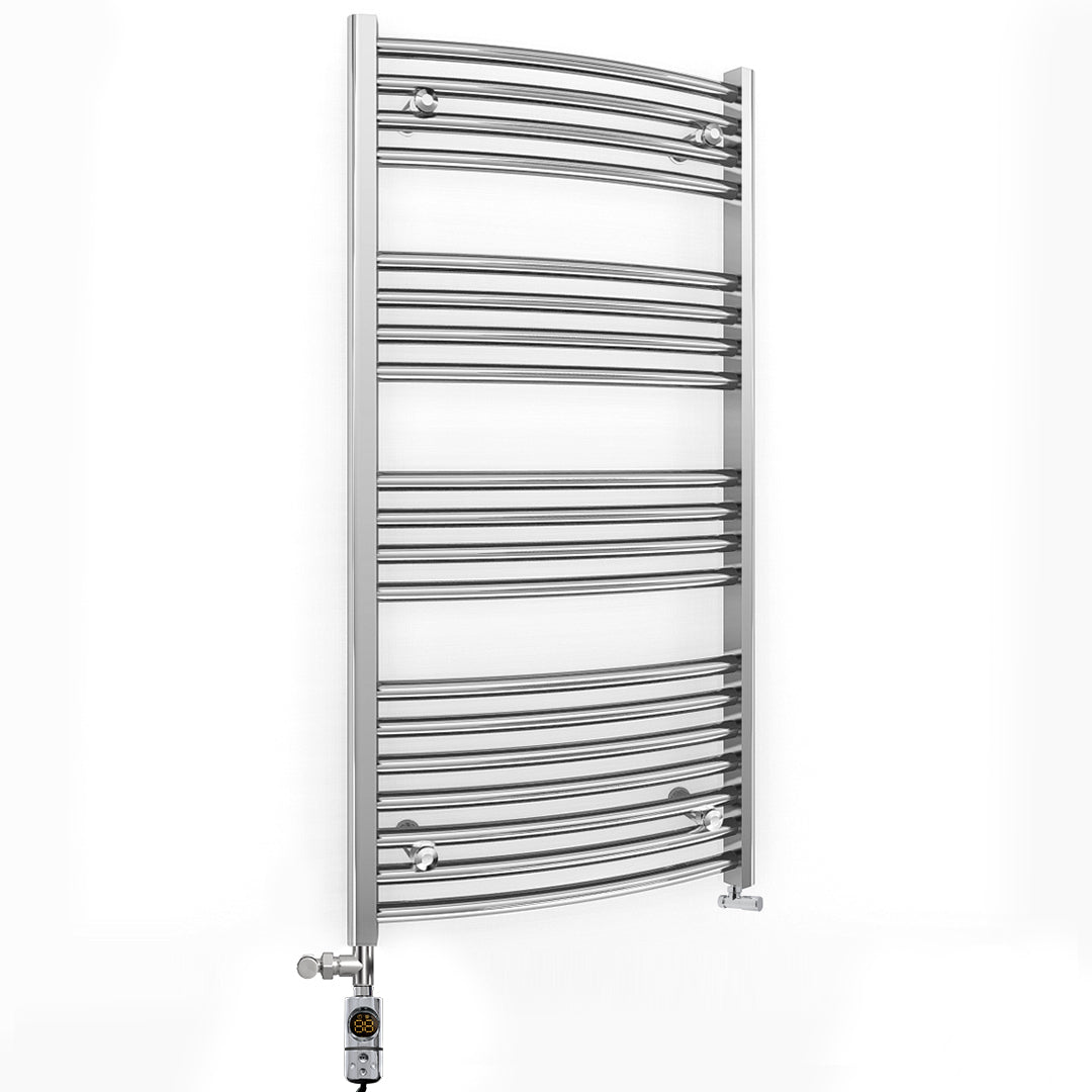 Dual Fuel - 700mm Wide - Curved Chrome- Heated Towel Rail Radiator - (incl. Valves + Electric Heating Kit)