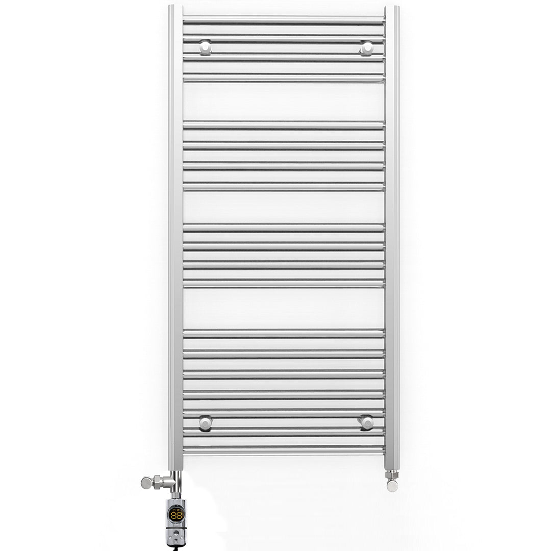 Dual Fuel 600mm x 1000mm Straight Chrome  Heated Towel Rail Radiator- (incl. Valves + Electric Heating Kit)
