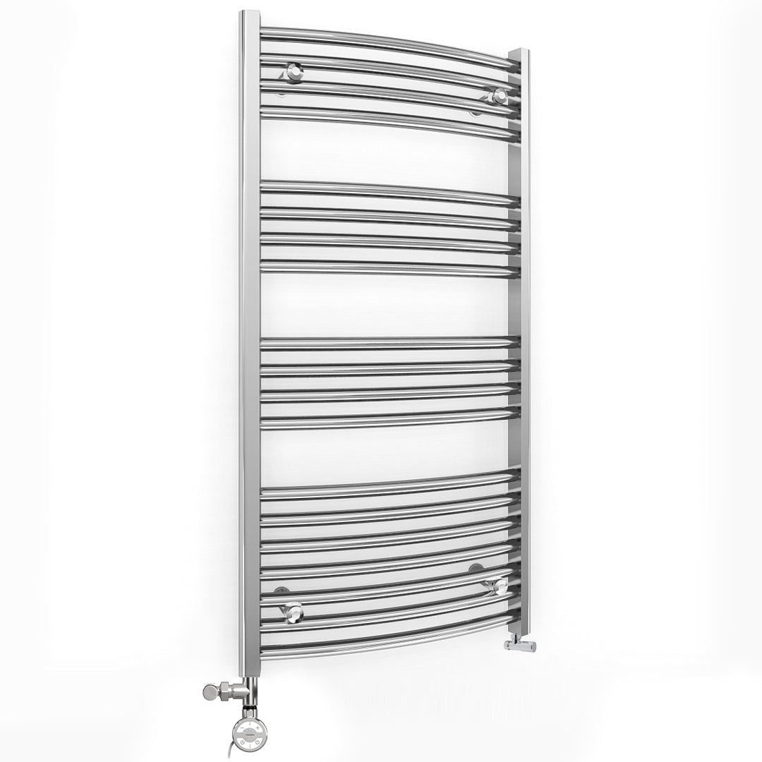 Dual Fuel 550mm x 1000mm Curved Chrome Heated Towel Rail Radiator- (incl. Valves + Electric Heating Kit)