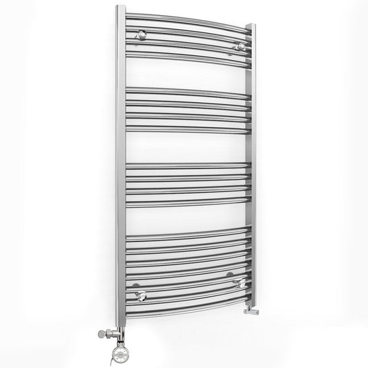 Dual Fuel 550mm x 1000mm Curved Chrome Heated Towel Rail Radiator- (incl. Valves + Electric Heating Kit)