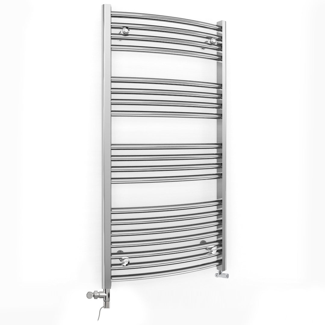 Dual Fuel 500mm x 1000mm Curved Chrome Heated Towel Rail Radiator- (incl. Valves + Electric Heating Kit)
