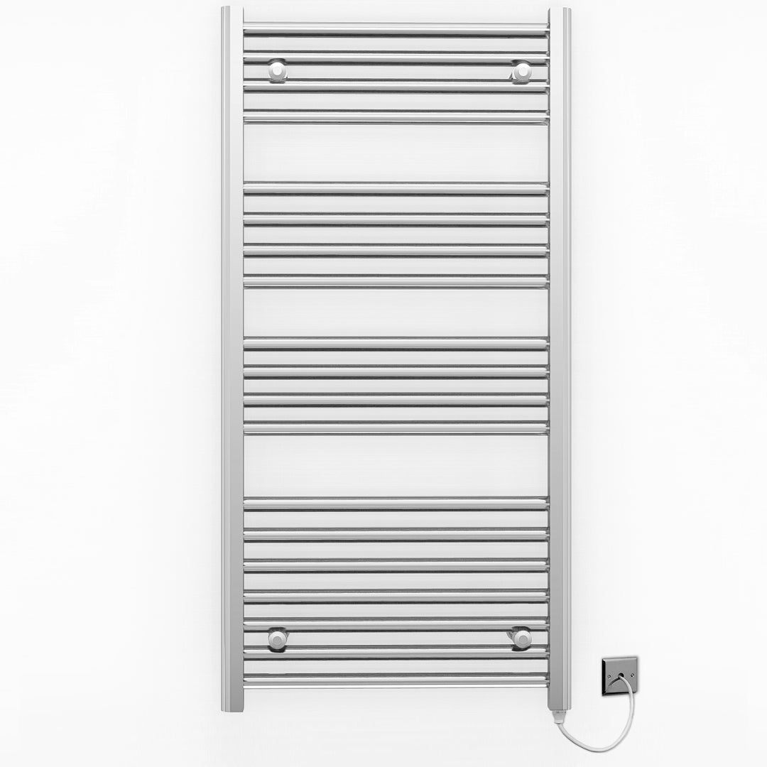 600mm Wide - Electric Heated Towel Rail Radiator - Flat Chrome - Straight