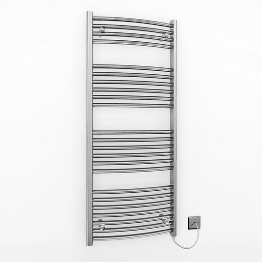 400mm x 1200mm Curved Chrome Electric Pre-Filled Heated Towel Rail Radiator