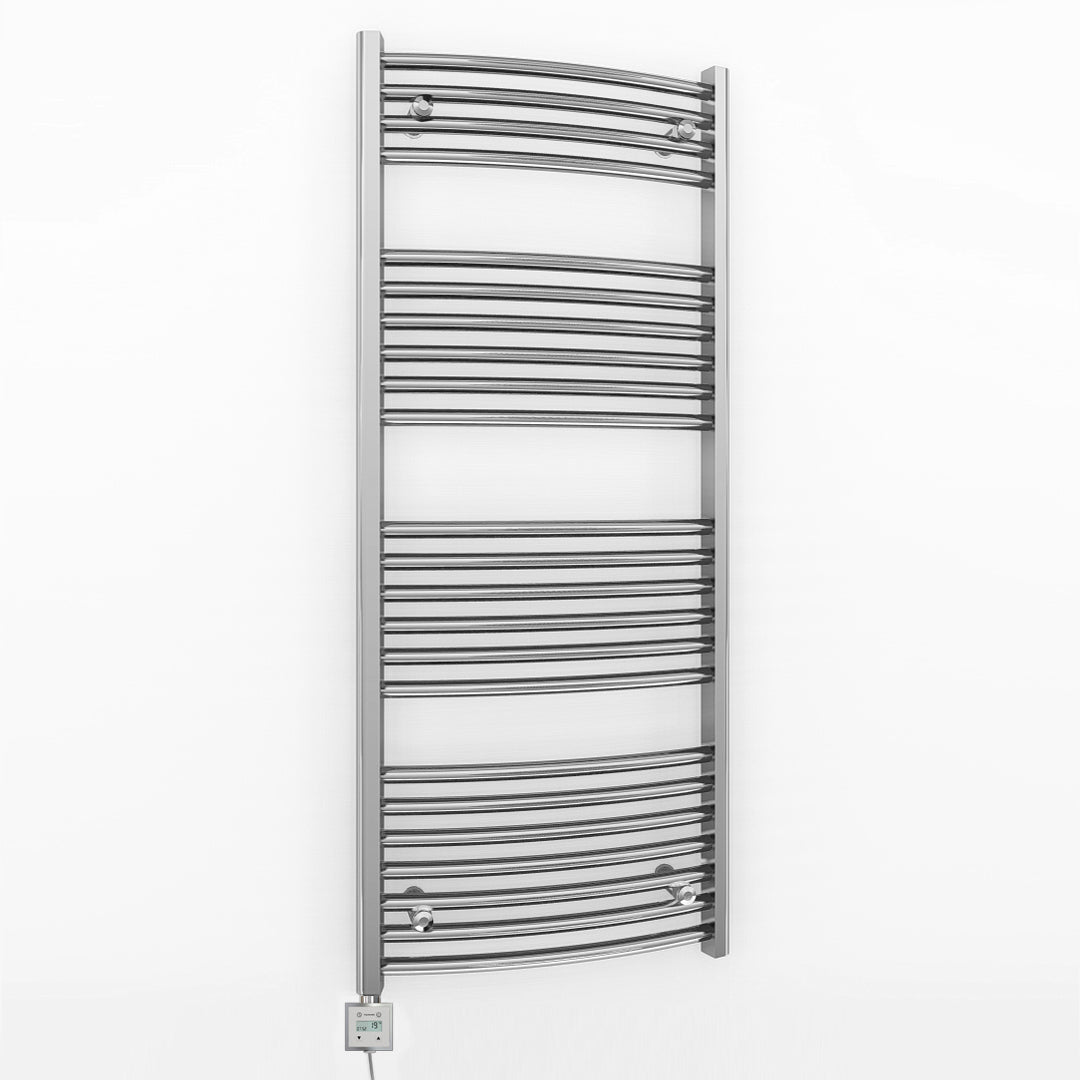 400mm x 1200mm Curved Chrome Electric Pre-Filled Heated Towel Rail Radiator