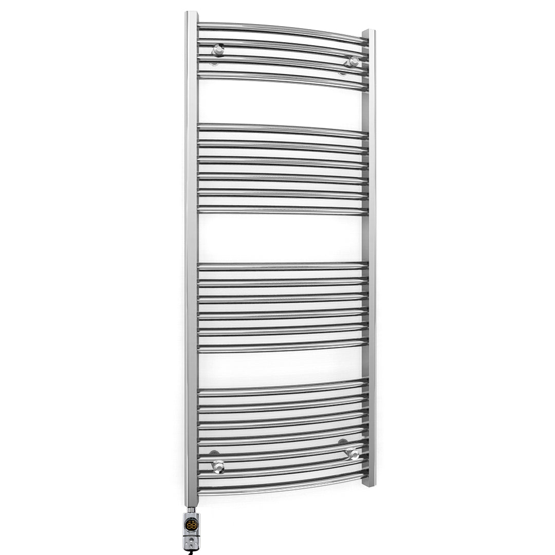 400mm x 1200mm Curved Chrome Electric Pre-Filled Heated Towel Rail Radiator