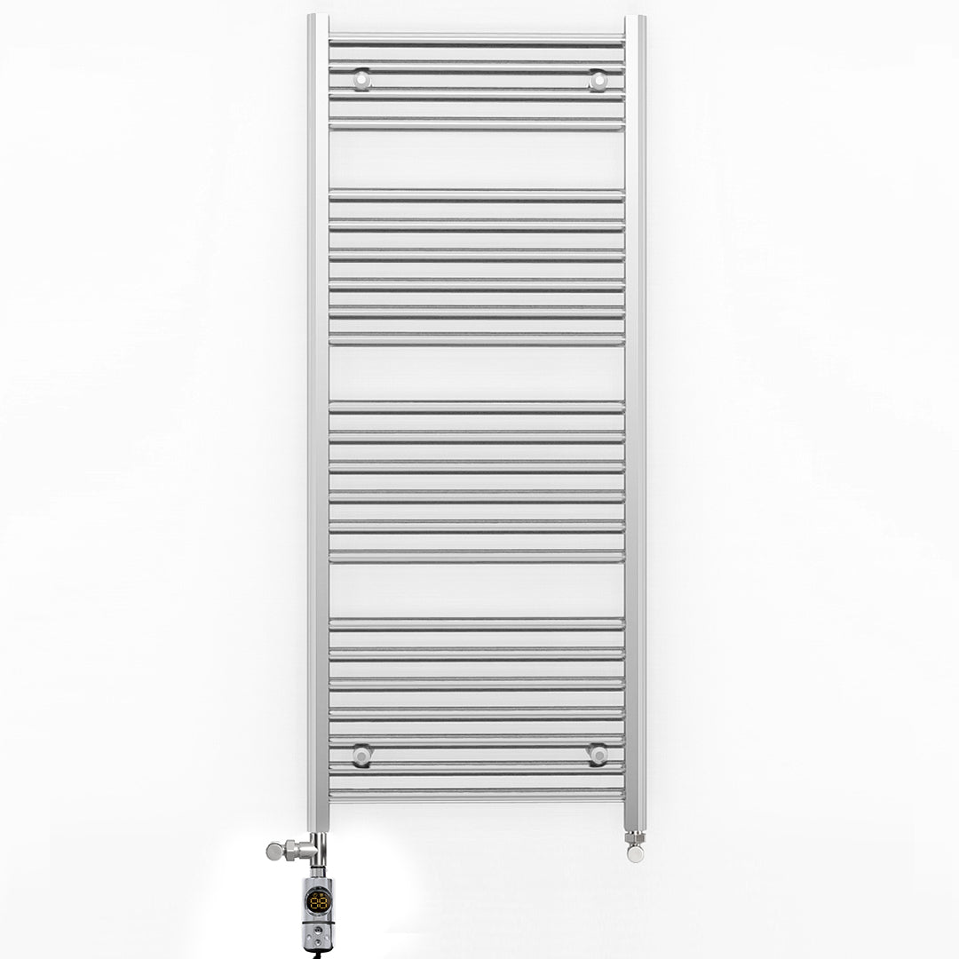 Dual Fuel 450mm x 1200mm Straight Chrome  Heated Towel Rail Radiator- (incl. Valves + Electric Heating Kit)