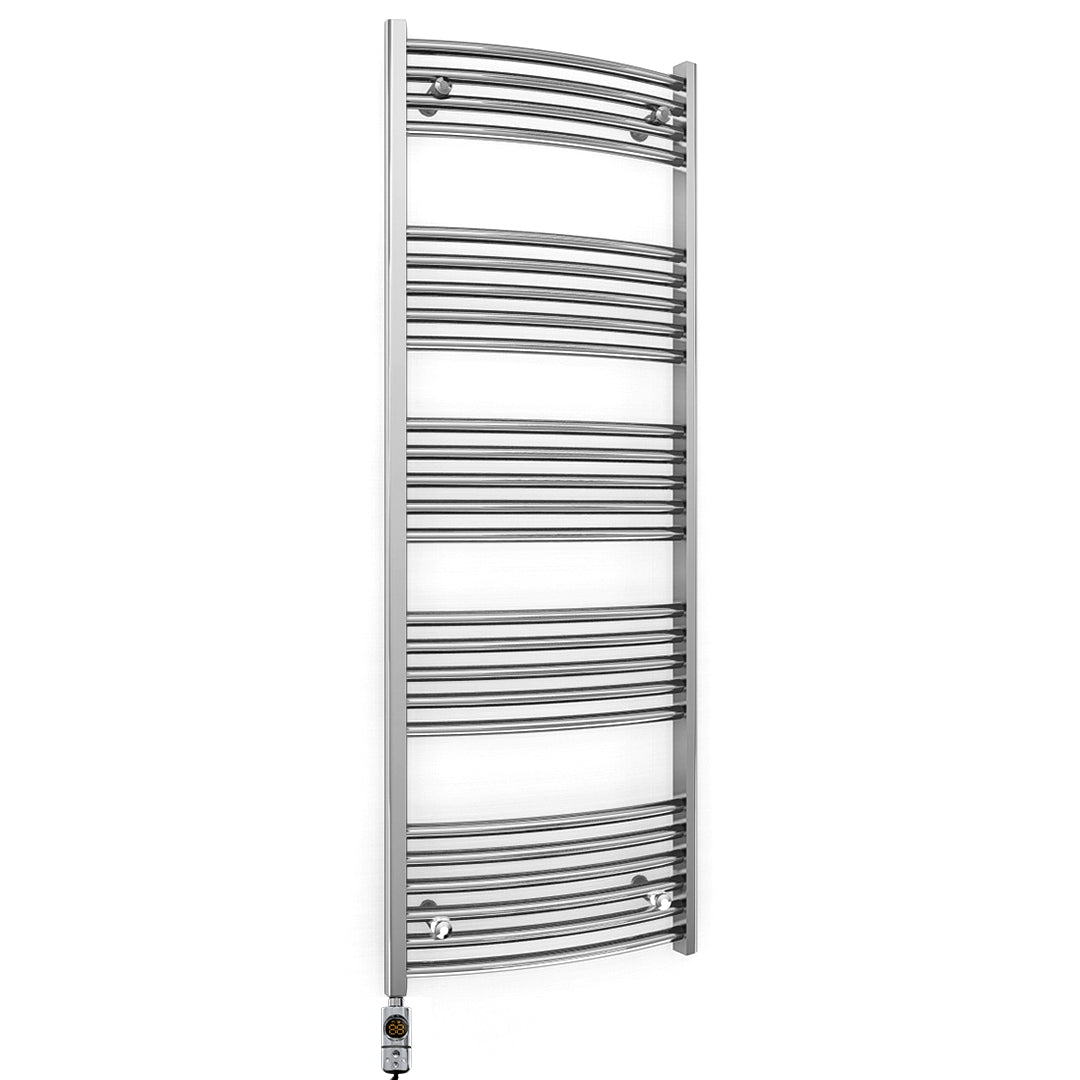600mm x 1400mm Curved Chrome Electric Pre-Filled Heated Towel Rail Radiator