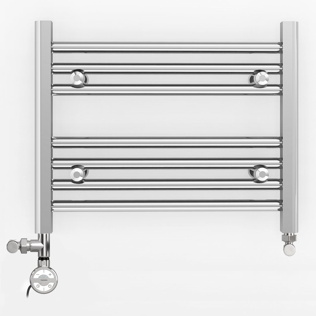 Small Dual Fuel 500mm x 400mm Straight Chrome  Heated Towel Rail Radiator- (incl. Valves + Electric Heating Kit)