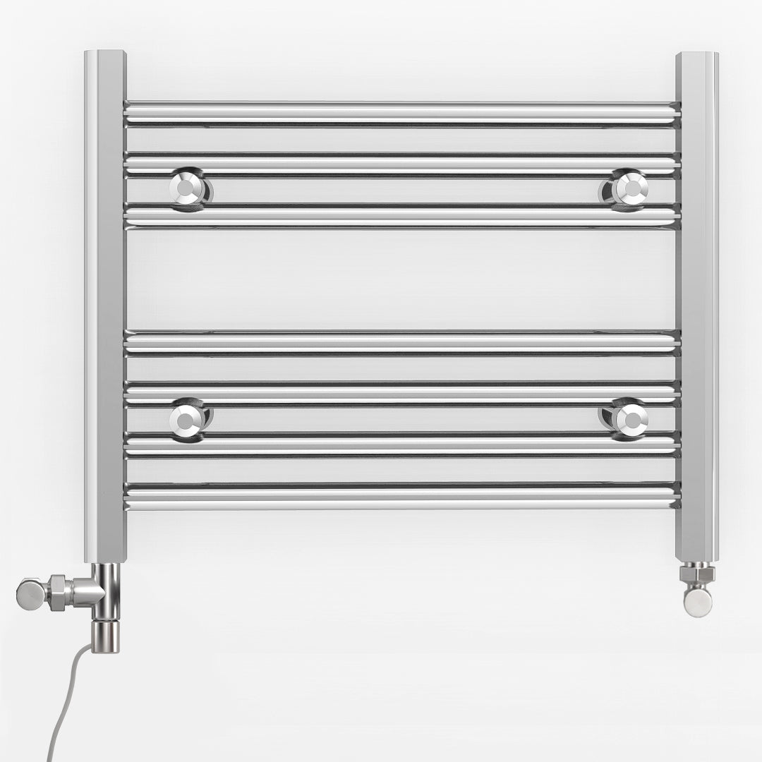 Small Dual Fuel 500mm x 400mm Straight Chrome  Heated Towel Rail Radiator- (incl. Valves + Electric Heating Kit)