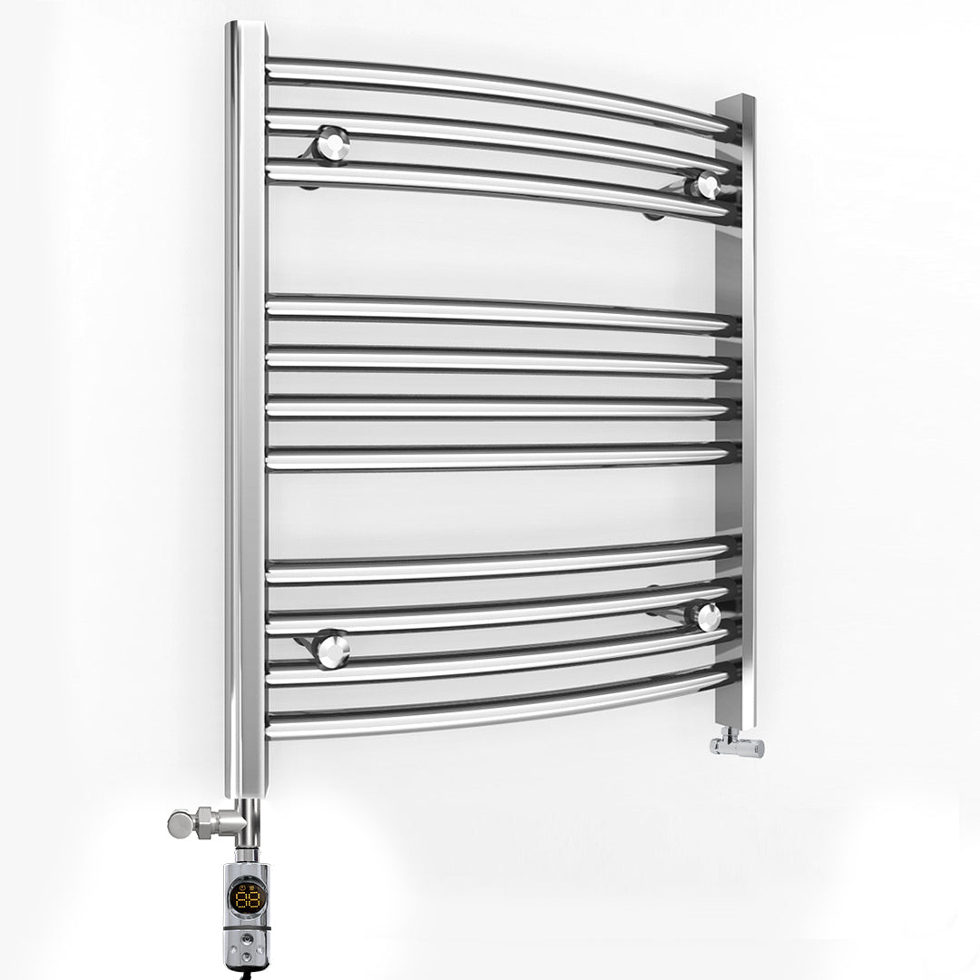 Dual Fuel 700mm x 600mm Curved Chrome Heated Towel Rail Radiator- (incl. Valves + Electric Heating Kit)