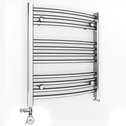 Dual Fuel 700mm x 600mm Curved Chrome Heated Towel Rail Radiator- (incl. Valves + Electric Heating Kit)