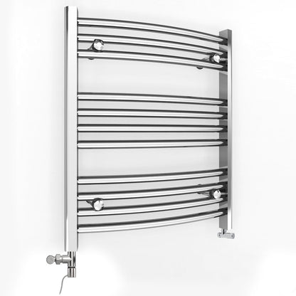 Dual Fuel 700mm x 600mm Curved Chrome Heated Towel Rail Radiator- (incl. Valves + Electric Heating Kit)