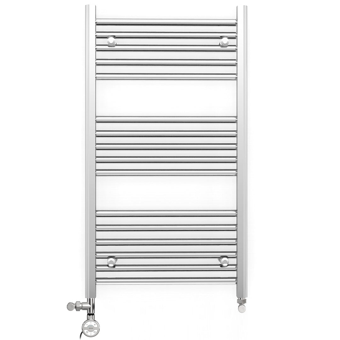 Dual Fuel 600mm x 900mm Straight Chrome  Heated Towel Rail Radiator- (incl. Valves + Electric Heating Kit)