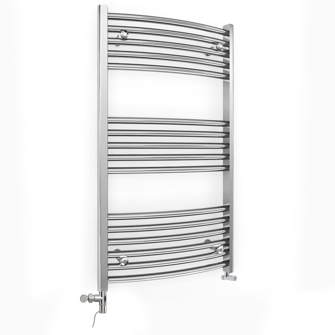 Small Dual Fuel 500mm x 900mm Curved Chrome Heated Towel Rail Radiator- (incl. Valves + Electric Heating Kit)