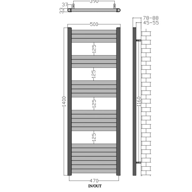 500mm Wide - 1200mm High Aluminium Black Designer Heated Towel Rail Radiator drawing