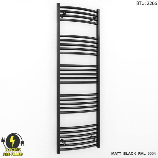 500mm x 1400mm Curved Matt Black Electric Pre-Filled Heated Towel Rail Radiator