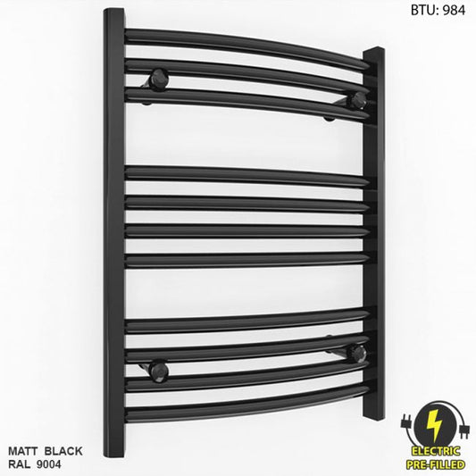 Small 500mm x 600mm Curved Matt Black Electric Pre-Filled Heated Towel Rail Radiator