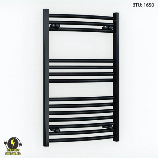 500 x 800mm Curved Black Electric Heated Towel Rail Radiator 25mm Tube