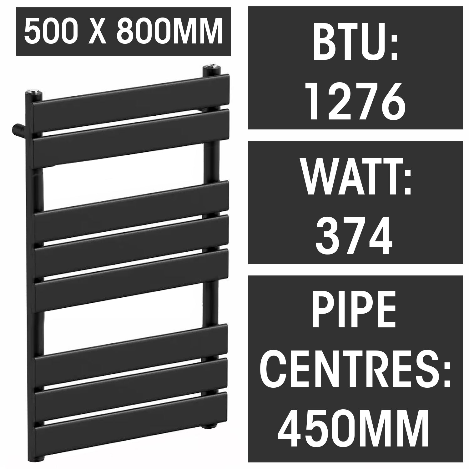 500mm Wide  x 800mm Matt Black Designer Bathroom Electric Heated Panel Towel Rail Radiator