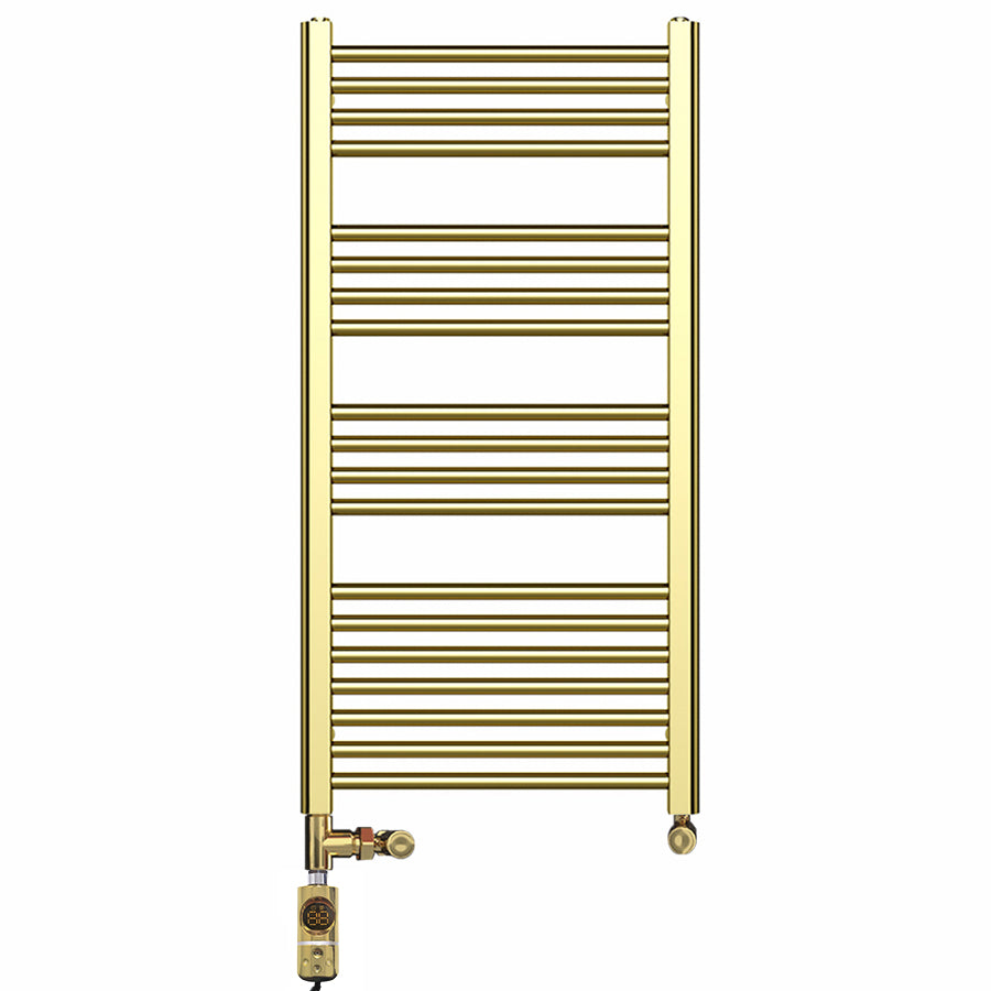 Dual Fuel 500mm x 1000mm Shiny Gold Heated Towel Rail Radiator- (incl. Valves + Electric Heating Kit)