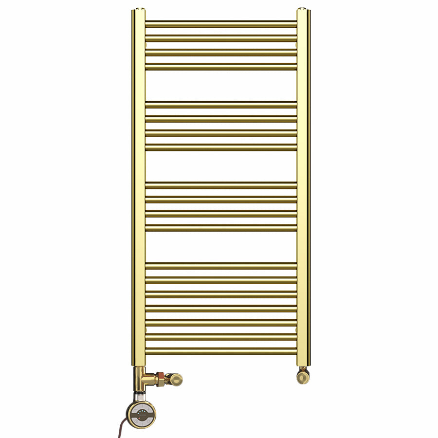 Dual Fuel 500mm x 1000mm Shiny Gold Heated Towel Rail Radiator- (incl. Valves + Electric Heating Kit)